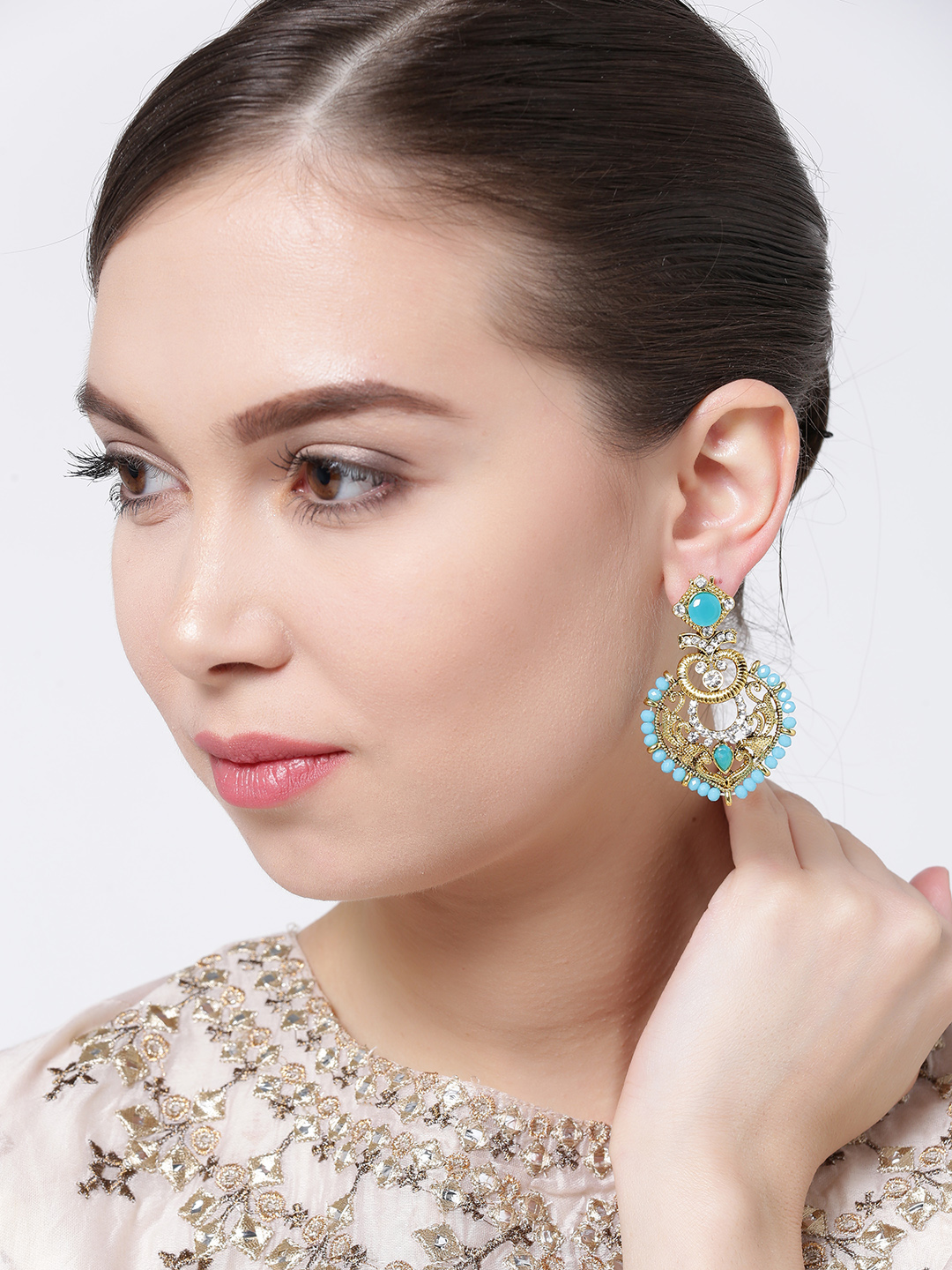 YouBella Blue Gold-Plated Stone-Studded Drop Earrings